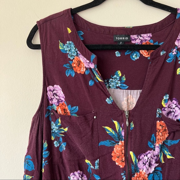 Torrid Mini Challis Zip-Front Shirt Dress Burgundy Floral Size 2 - Picture 2 of 7